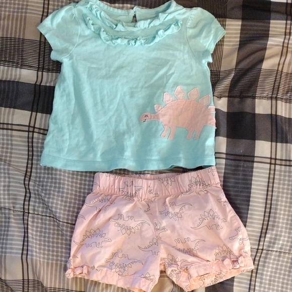 Just One You By Carters Other - Girls' Aqua Ruffle Neck Top with Pink Dino Shorts